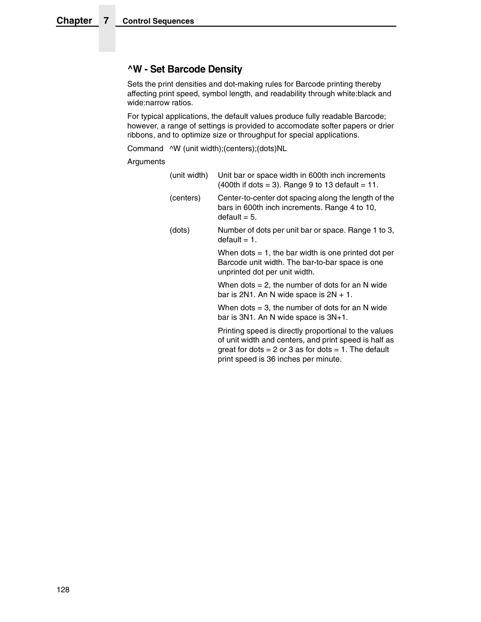 W - set barcode density | Tally Genicom 6600 User Manual | Page 128 / 330