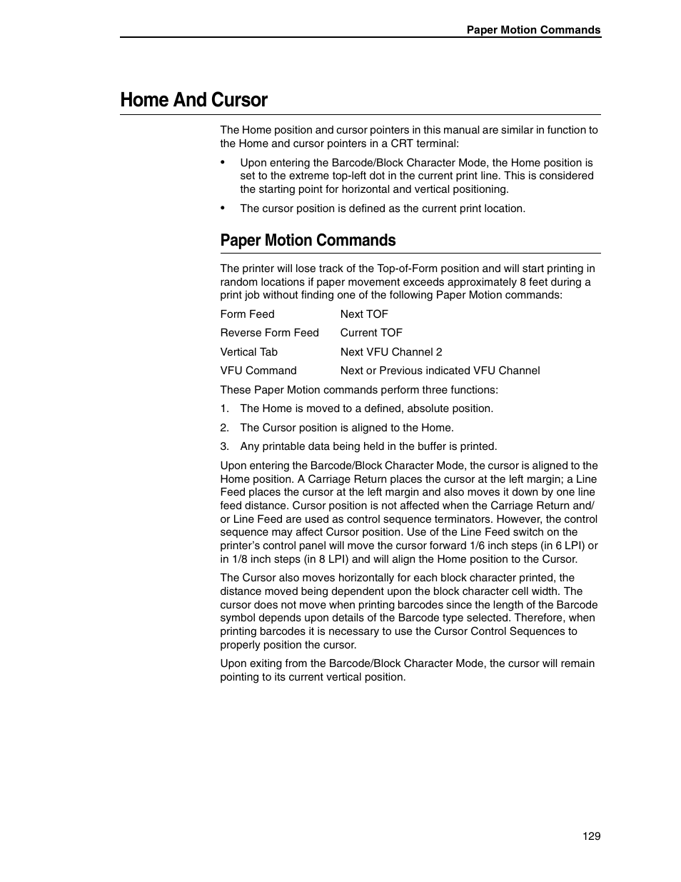 Home and cursor, Paper motion commands | Tally Genicom 6600 User Manual | Page 129 / 330