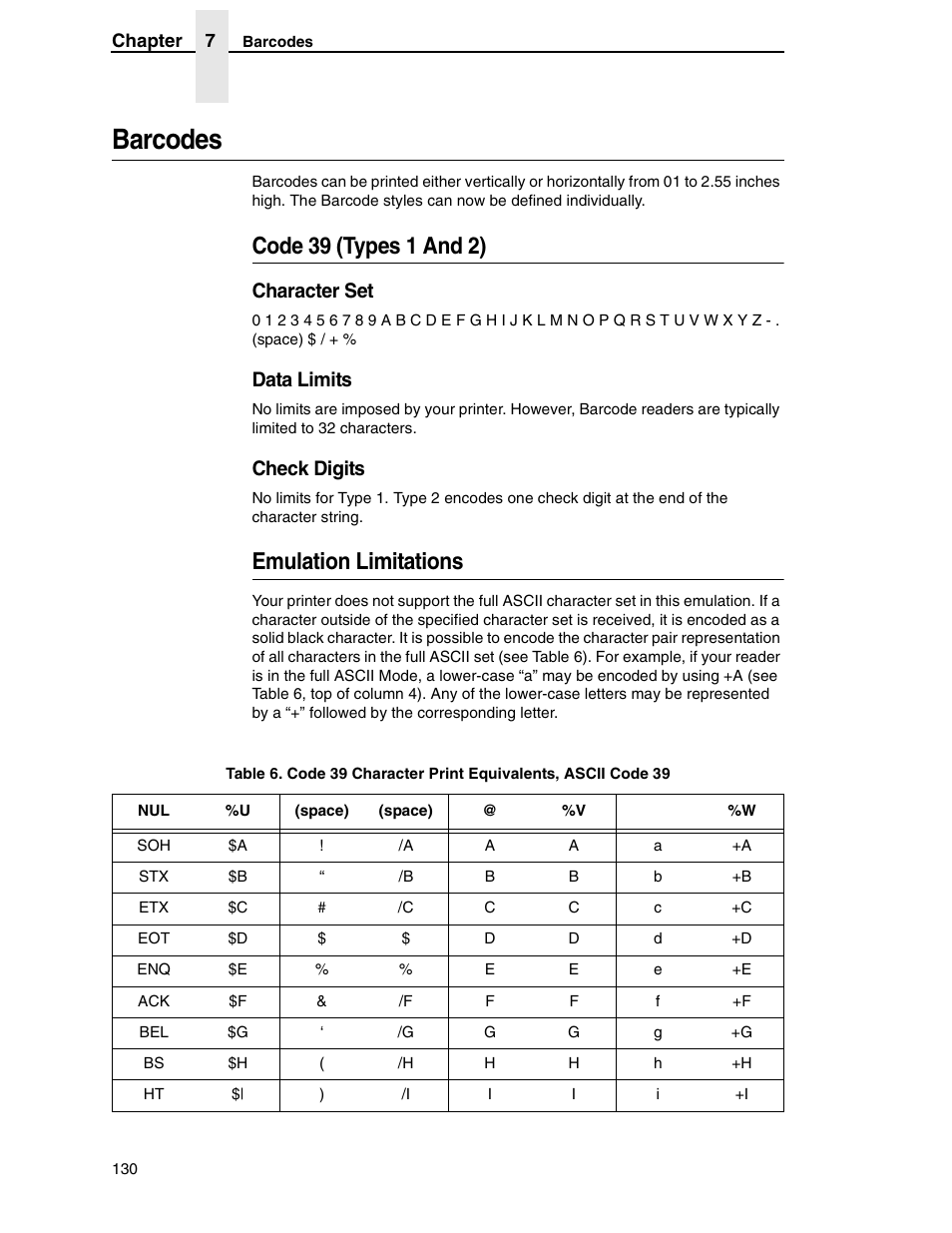 Barcodes, Code 39 (types 1 and 2), Emulation limitations | Character set, Data limits, Check digits | Tally Genicom 6600 User Manual | Page 130 / 330