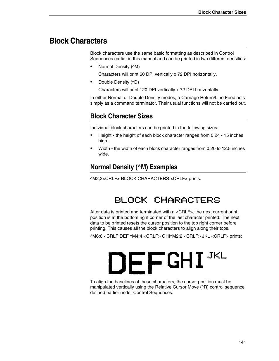 Block characters, Block character sizes, Normal density (^m) examples | Tally Genicom 6600 User Manual | Page 141 / 330