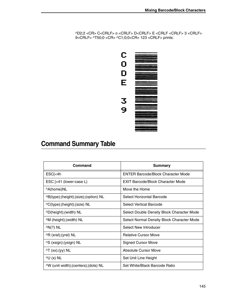 Command summary table | Tally Genicom 6600 User Manual | Page 145 / 330