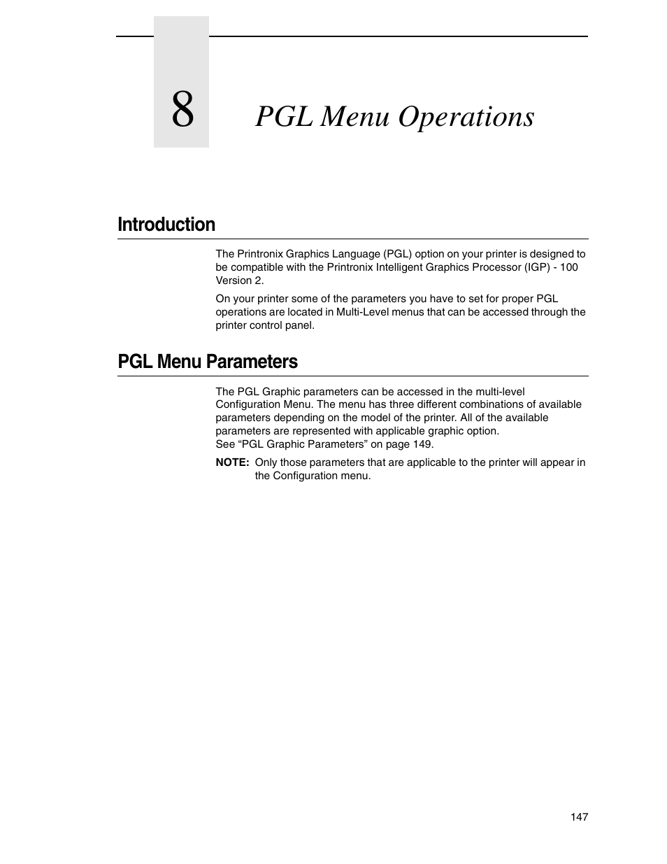 8 pgl menu operations, Introduction, Pgl menu parameters | Pgl menu operations | Tally Genicom 6600 User Manual | Page 147 / 330