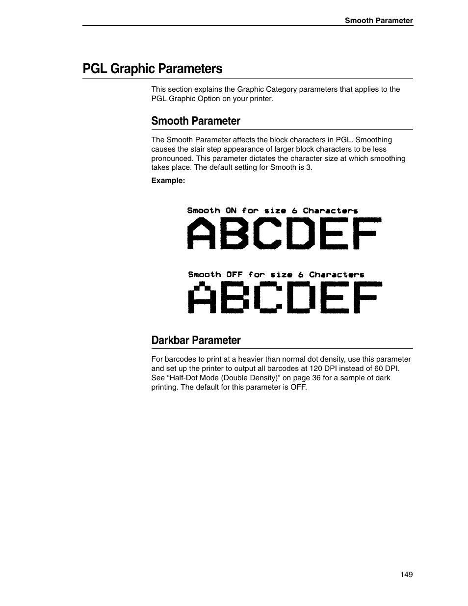 Pgl graphic parameters, Smooth parameter, Darkbar parameter | Tally Genicom 6600 User Manual | Page 149 / 330