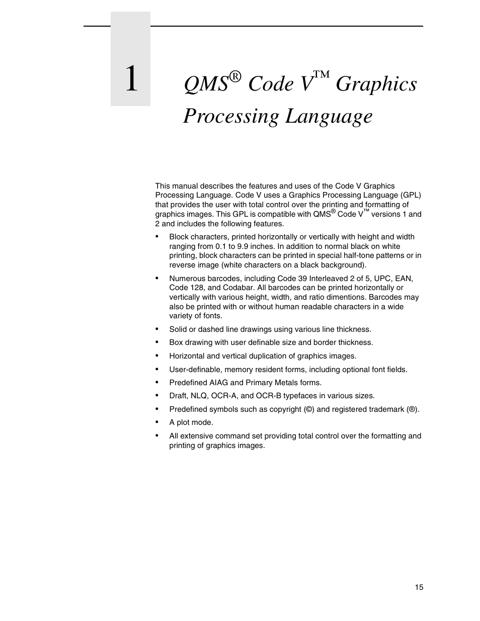 1 qms® code v™ graphics processing language, 1 qms® code v™ graphics processing, Language | Code v, Graphics processing language | Tally Genicom 6600 User Manual | Page 15 / 330