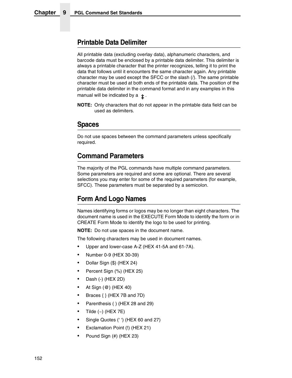 Printable data delimiter, Spaces, Command parameters | Form and logo names | Tally Genicom 6600 User Manual | Page 152 / 330