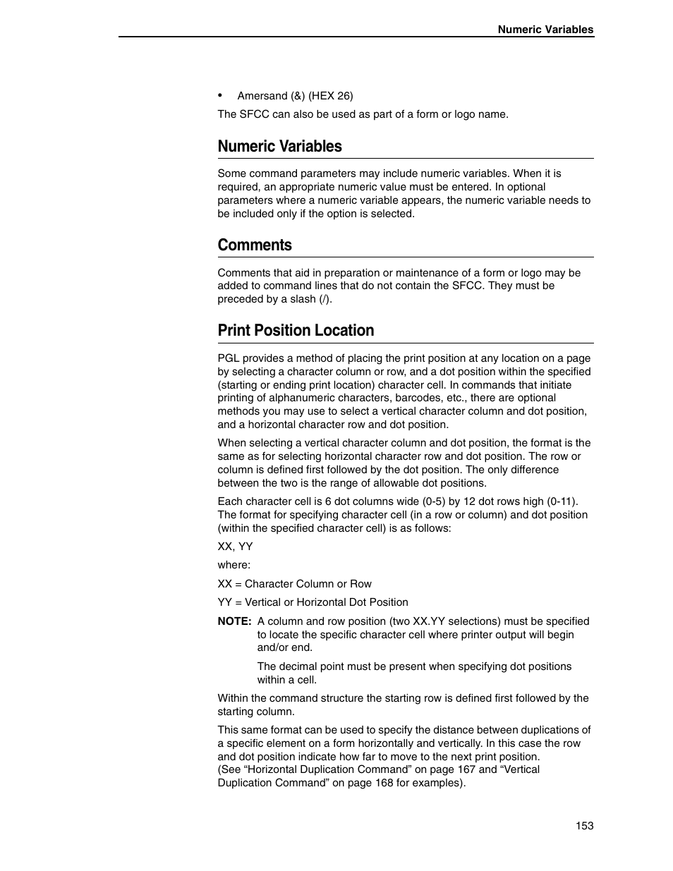 Numeric variables, Comments, Print position location | Tally Genicom 6600 User Manual | Page 153 / 330