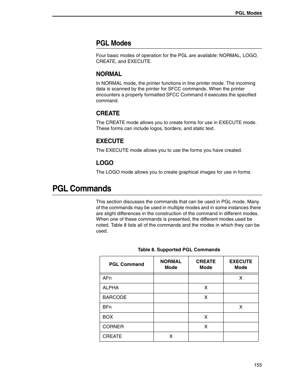 Pgl modes, Pgl commands, Normal | Create, Execute, Logo | Tally Genicom 6600 User Manual | Page 155 / 330