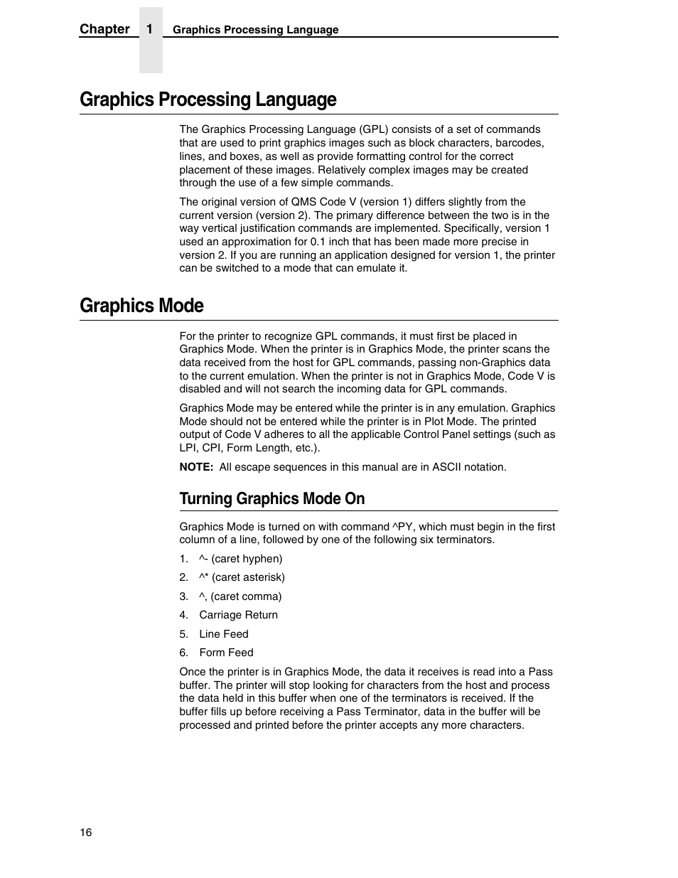 Graphics processing language, Graphics mode, Turning graphics mode on | Tally Genicom 6600 User Manual | Page 16 / 330