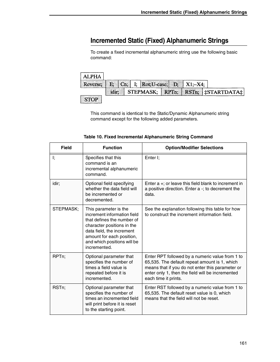 Incremented static (fixed) alphanumeric strings | Tally Genicom 6600 User Manual | Page 161 / 330