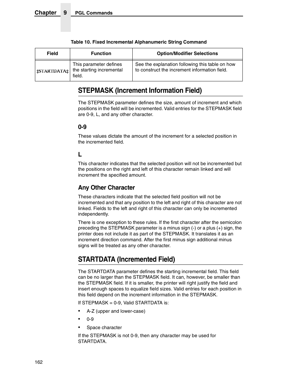 Stepmask (increment information field), Startdata (incremented field) | Tally Genicom 6600 User Manual | Page 162 / 330