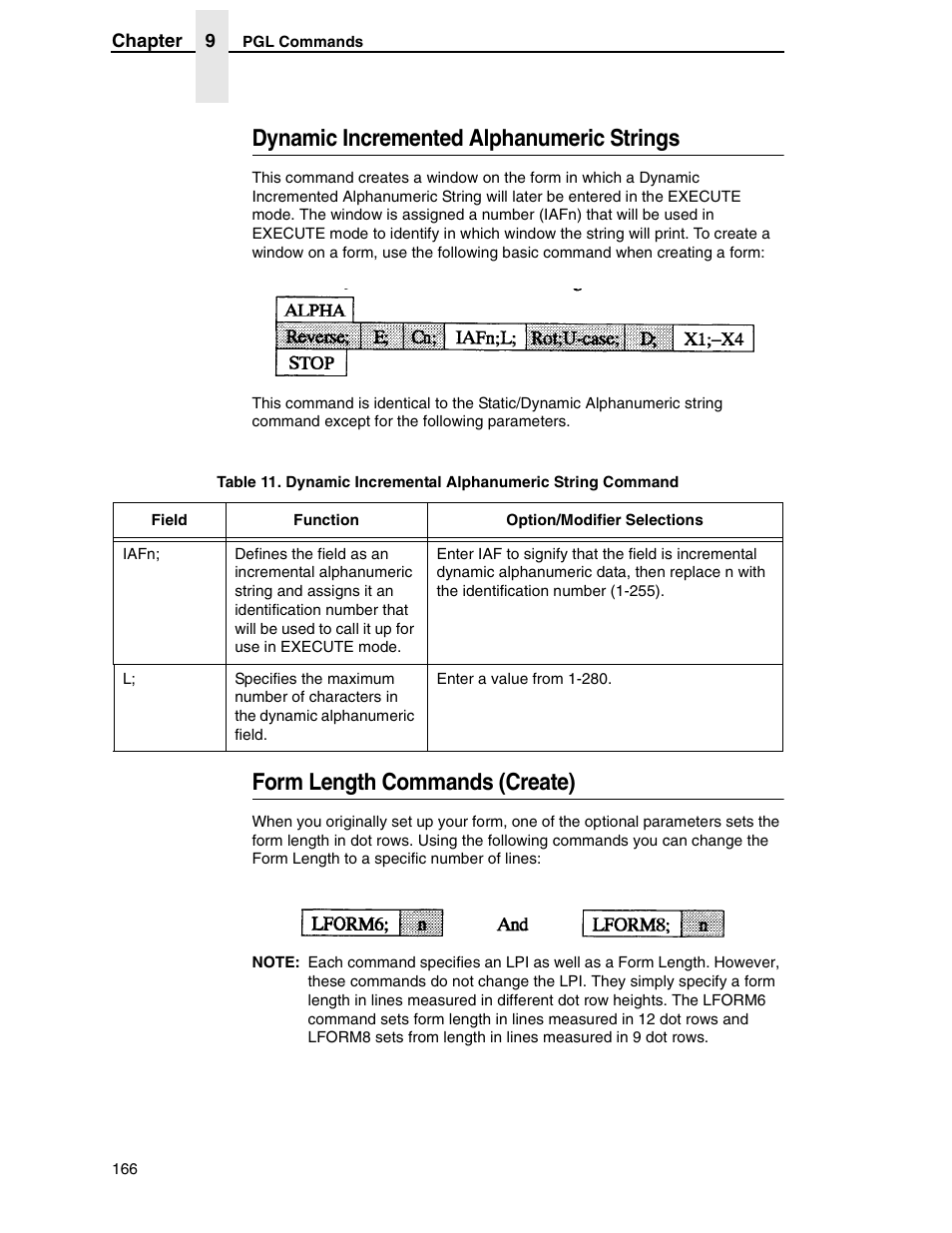 Dynamic incremented alphanumeric strings, Form length commands (create) | Tally Genicom 6600 User Manual | Page 166 / 330