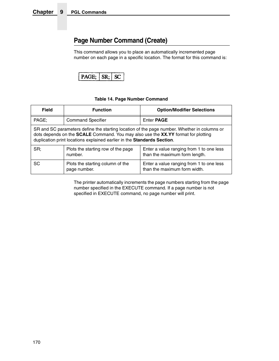 Page number command (create) | Tally Genicom 6600 User Manual | Page 170 / 330