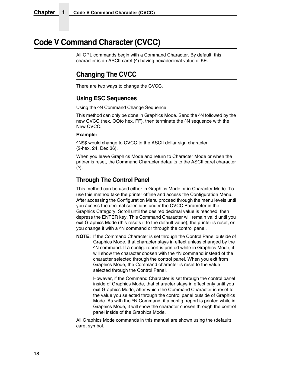 Code v command character (cvcc), Changing the cvcc | Tally Genicom 6600 User Manual | Page 18 / 330