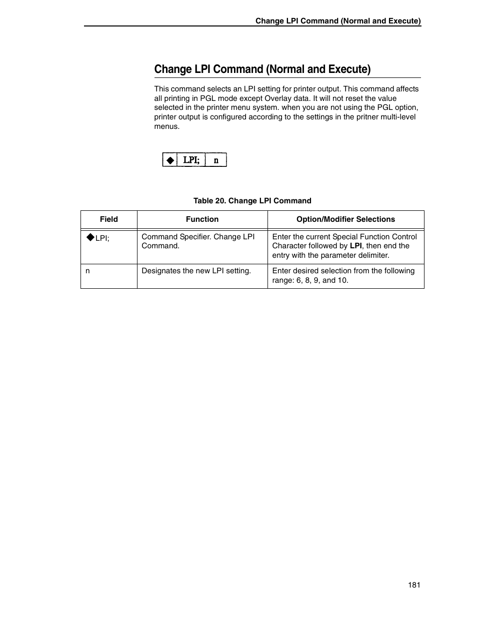 Change lpi command (normal and execute) | Tally Genicom 6600 User Manual | Page 181 / 330