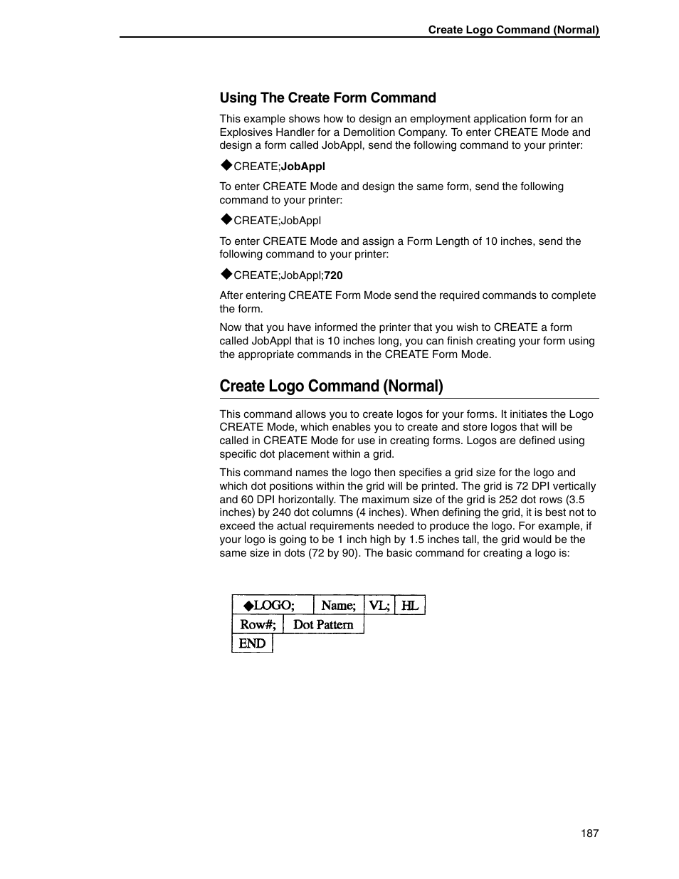 Create logo command (normal), Using the create form command | Tally Genicom 6600 User Manual | Page 187 / 330