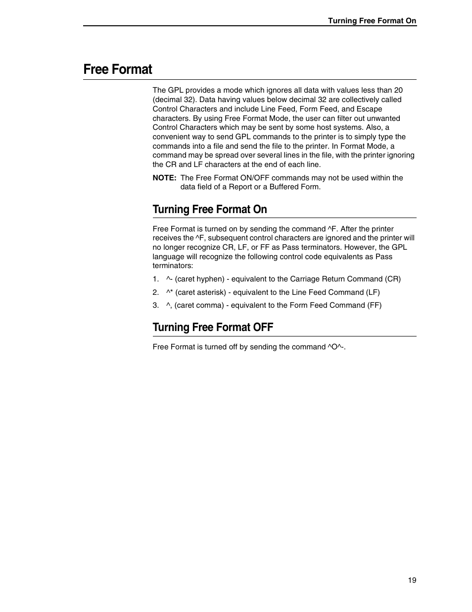 Free format, Turning free format on, Turning free format off | Tally Genicom 6600 User Manual | Page 19 / 330