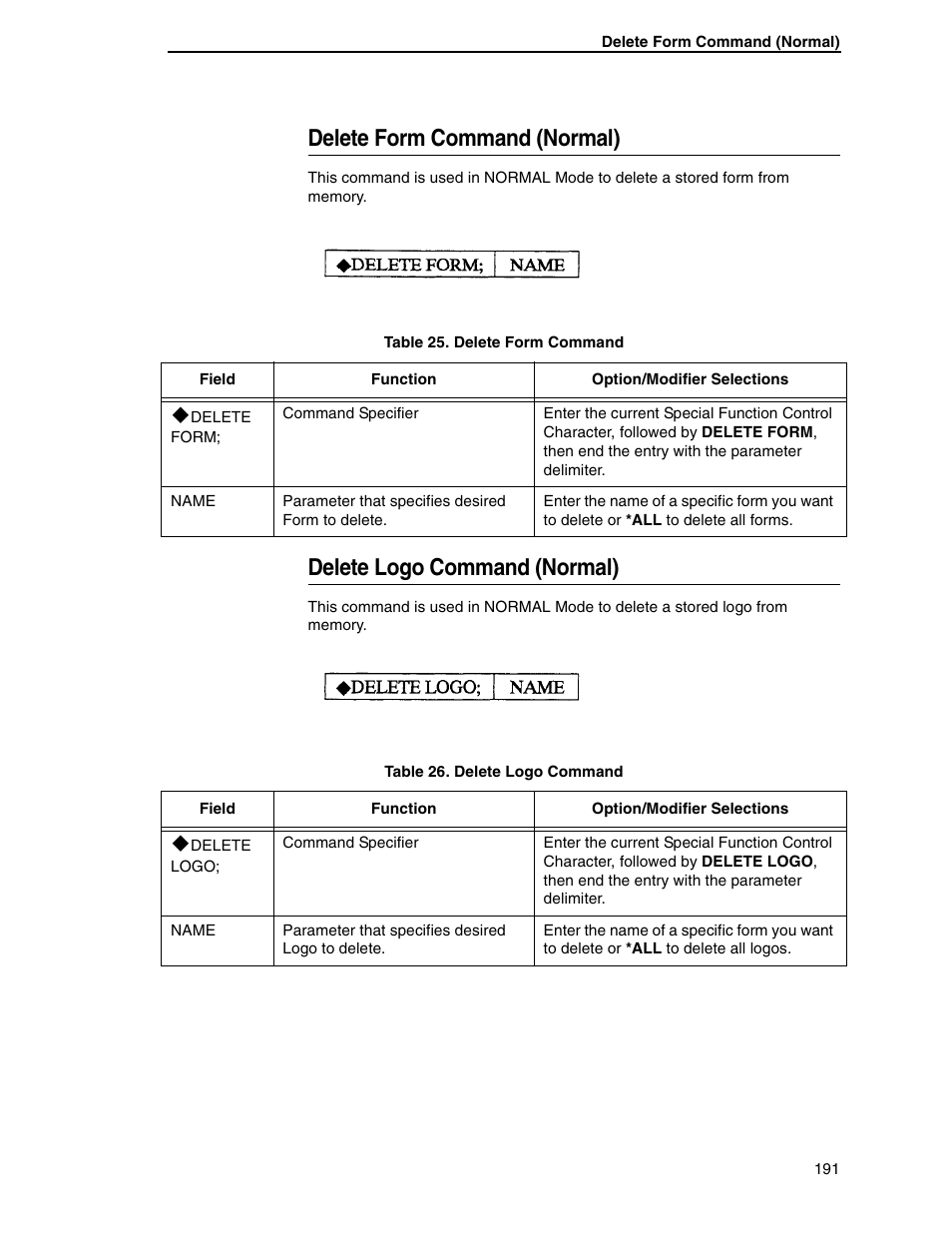 Delete form command (normal), Delete logo command (normal) | Tally Genicom 6600 User Manual | Page 191 / 330