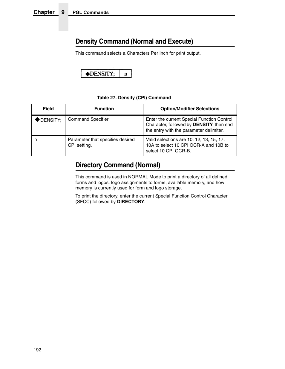 Density command (normal and execute), Directory command (normal) | Tally Genicom 6600 User Manual | Page 192 / 330