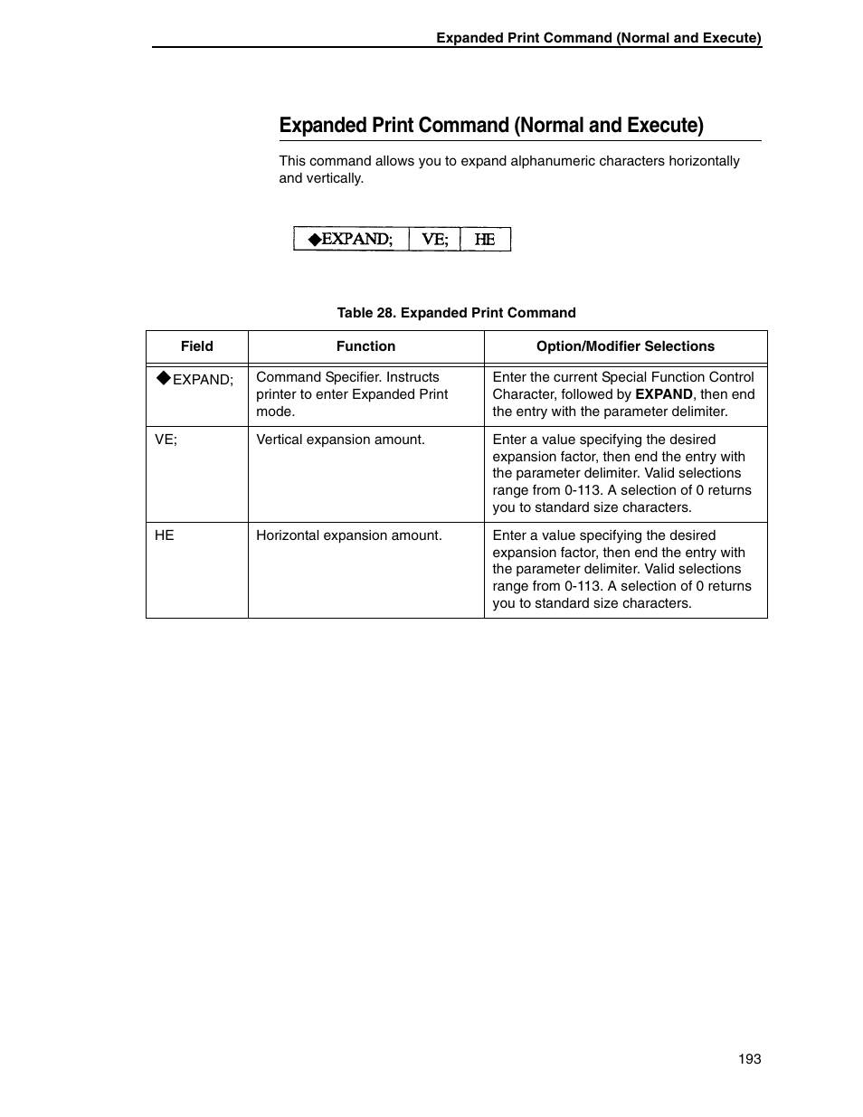 Expanded print command (normal and execute) | Tally Genicom 6600 User Manual | Page 193 / 330