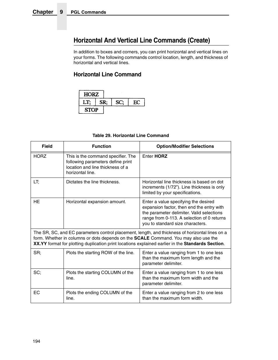 Horizontal and vertical line commands (create), Horizontal line command | Tally Genicom 6600 User Manual | Page 194 / 330