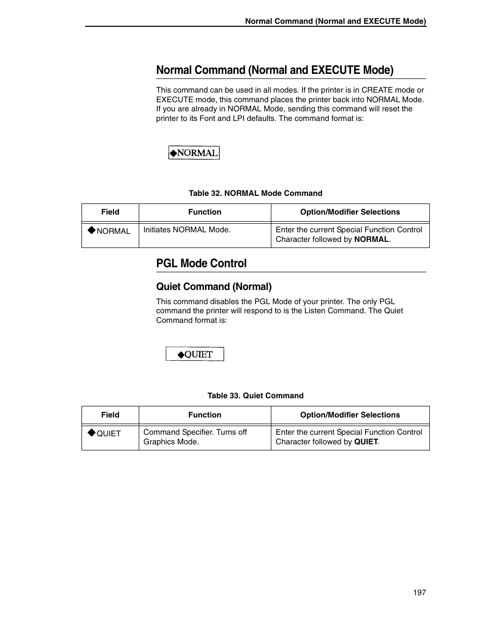 Normal command (normal and execute mode), Pgl mode control, Quiet command (normal) | Tally Genicom 6600 User Manual | Page 197 / 330