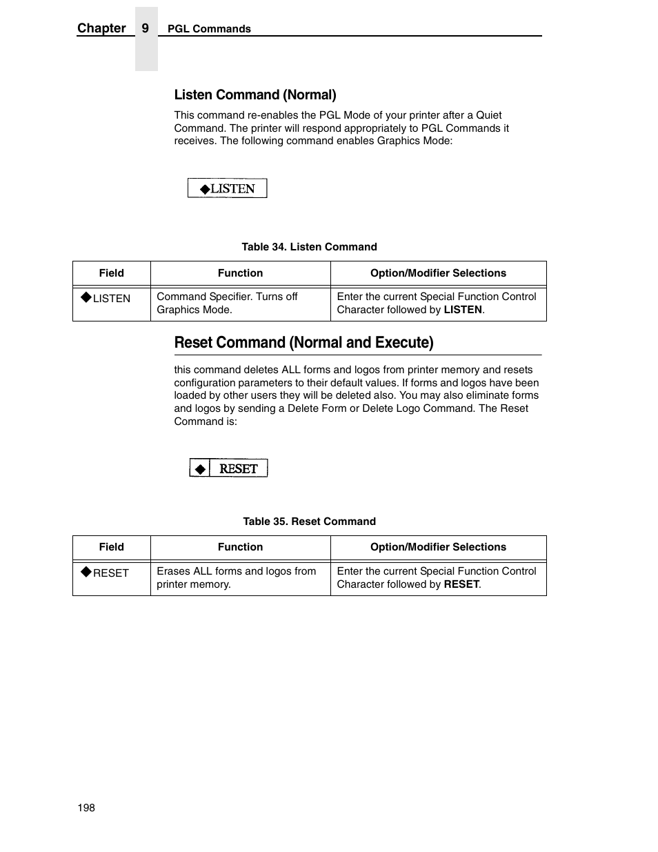 Reset command (normal and execute), Listen command (normal) | Tally Genicom 6600 User Manual | Page 198 / 330