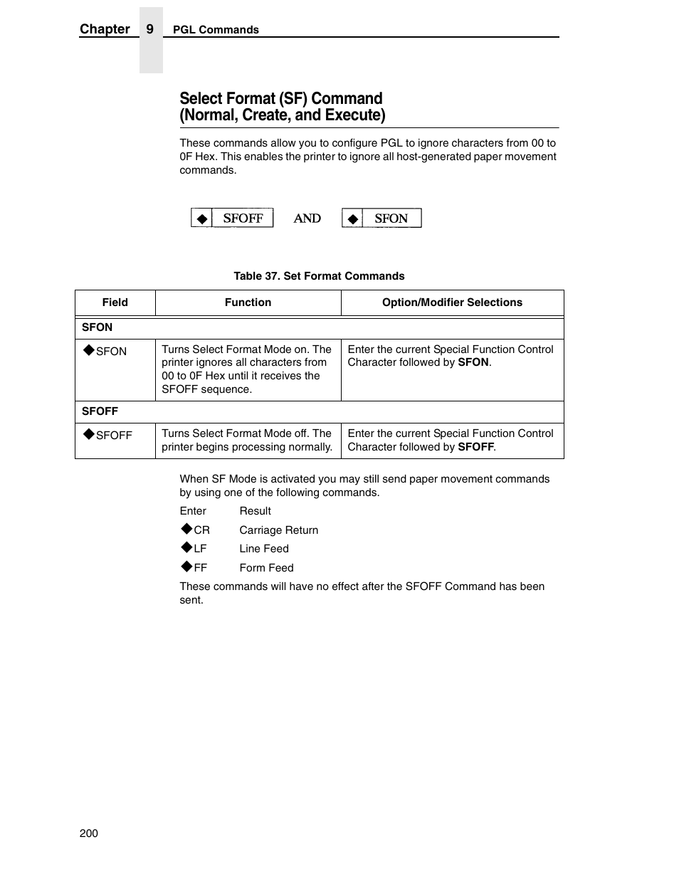 Select format (sf) command, Normal, create, and execute) | Tally Genicom 6600 User Manual | Page 200 / 330