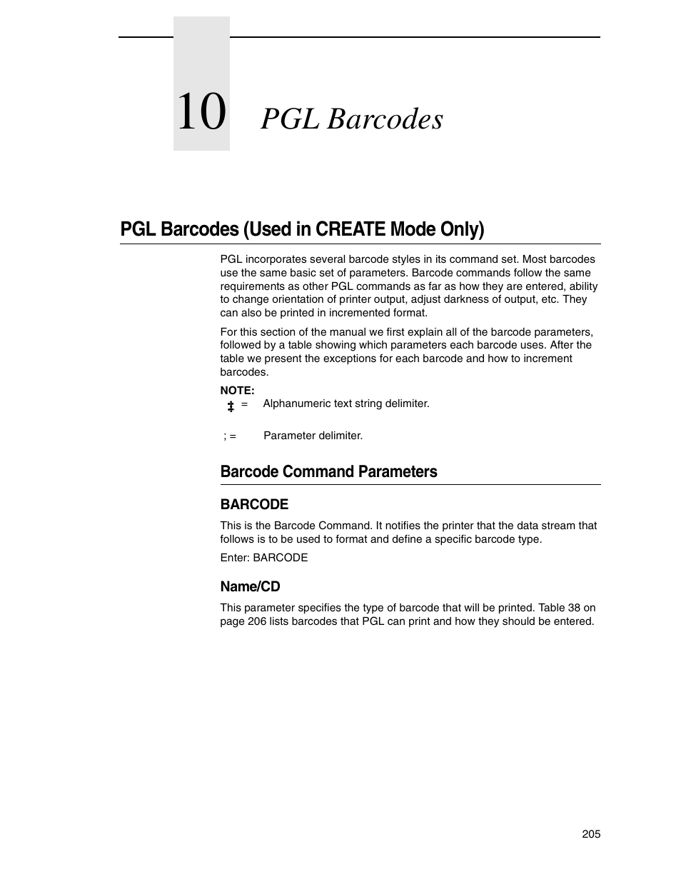 10 pgl barcodes, Pgl barcodes (used in create mode only), Barcode command parameters | Pgl barcodes | Tally Genicom 6600 User Manual | Page 205 / 330