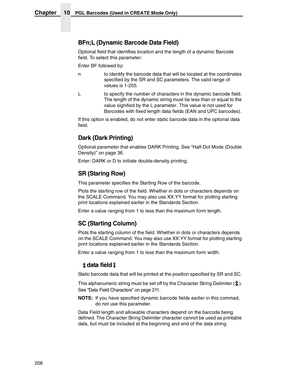 Bfn;l (dynamic barcode data field), Dark (dark printing), Sr (staring row) | Sc (starting column), Data field | Tally Genicom 6600 User Manual | Page 208 / 330