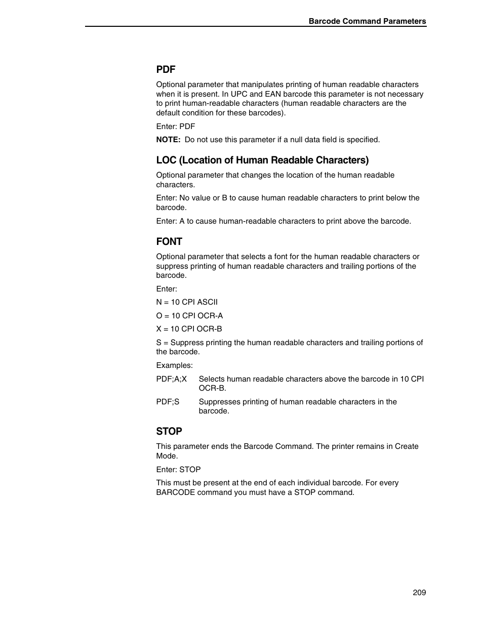 Loc (location of human readable characters), Font, Stop | Tally Genicom 6600 User Manual | Page 209 / 330