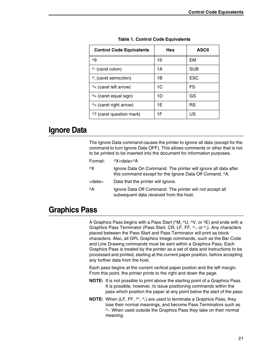 Ignore data, Graphics pass | Tally Genicom 6600 User Manual | Page 21 / 330