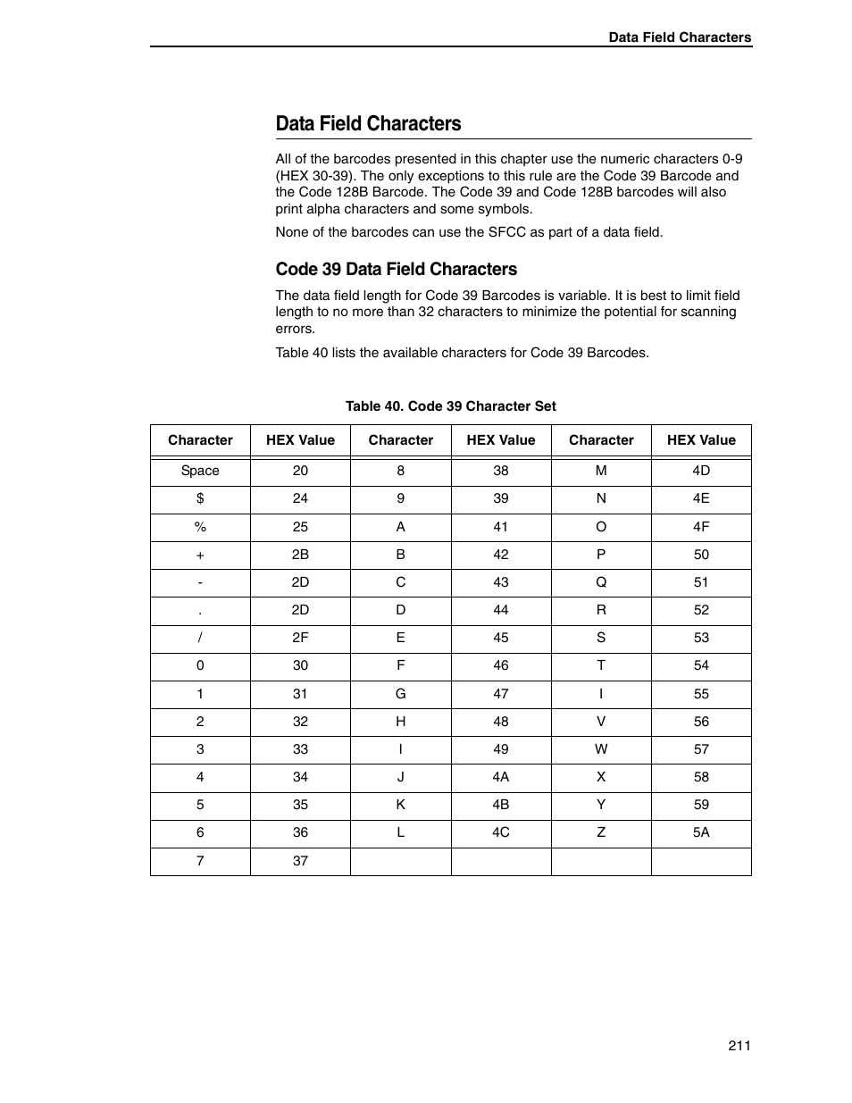 Data field characters, Code 39 data field characters | Tally Genicom 6600 User Manual | Page 211 / 330