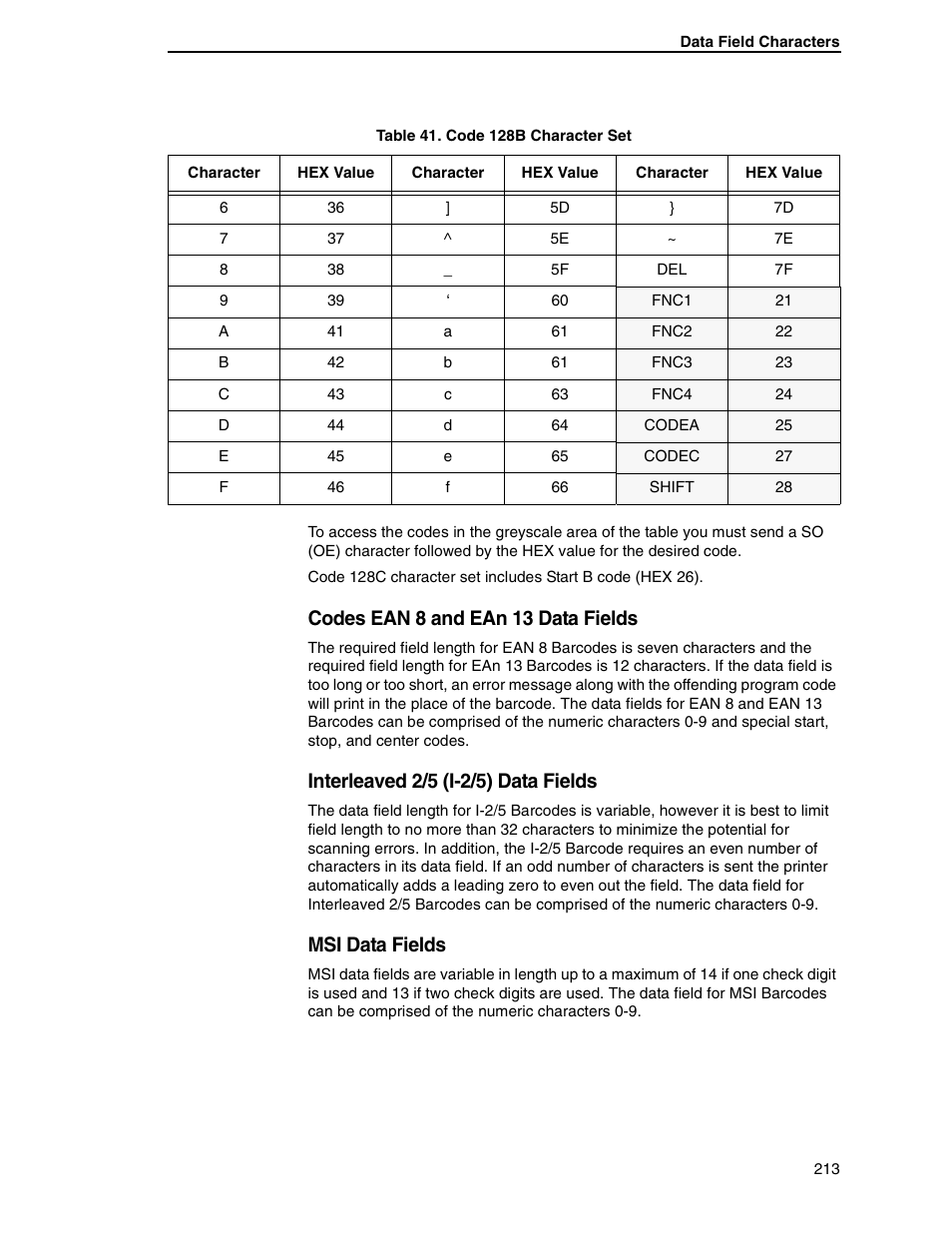 Codes ean 8 and ean 13 data fields, Interleaved 2/5 (i-2/5) data fields, Msi data fields | Tally Genicom 6600 User Manual | Page 213 / 330