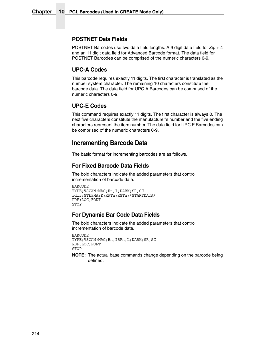 Incrementing barcode data, Postnet data fields, Upc-a codes | Upc-e codes, For fixed barcode data fields, For dynamic bar code data fields | Tally Genicom 6600 User Manual | Page 214 / 330