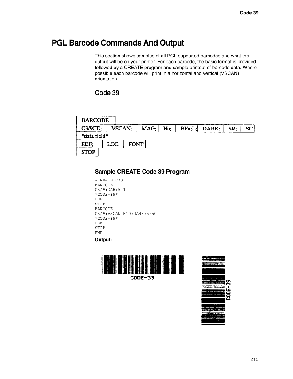 Pgl barcode commands and output, Code 39, Sample create code 39 program | Tally Genicom 6600 User Manual | Page 215 / 330