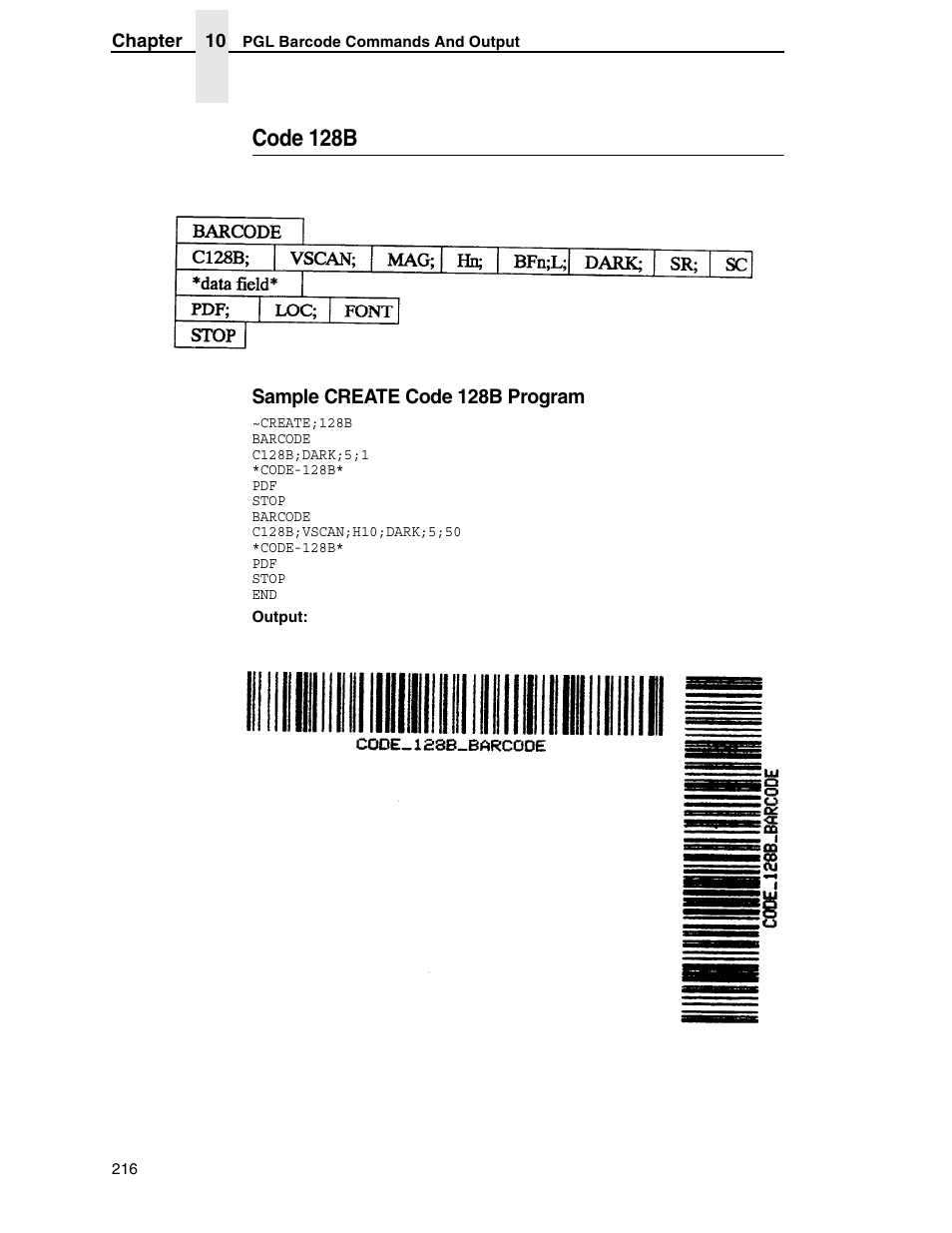 Code 128b, Sample create code 128b program | Tally Genicom 6600 User Manual | Page 216 / 330