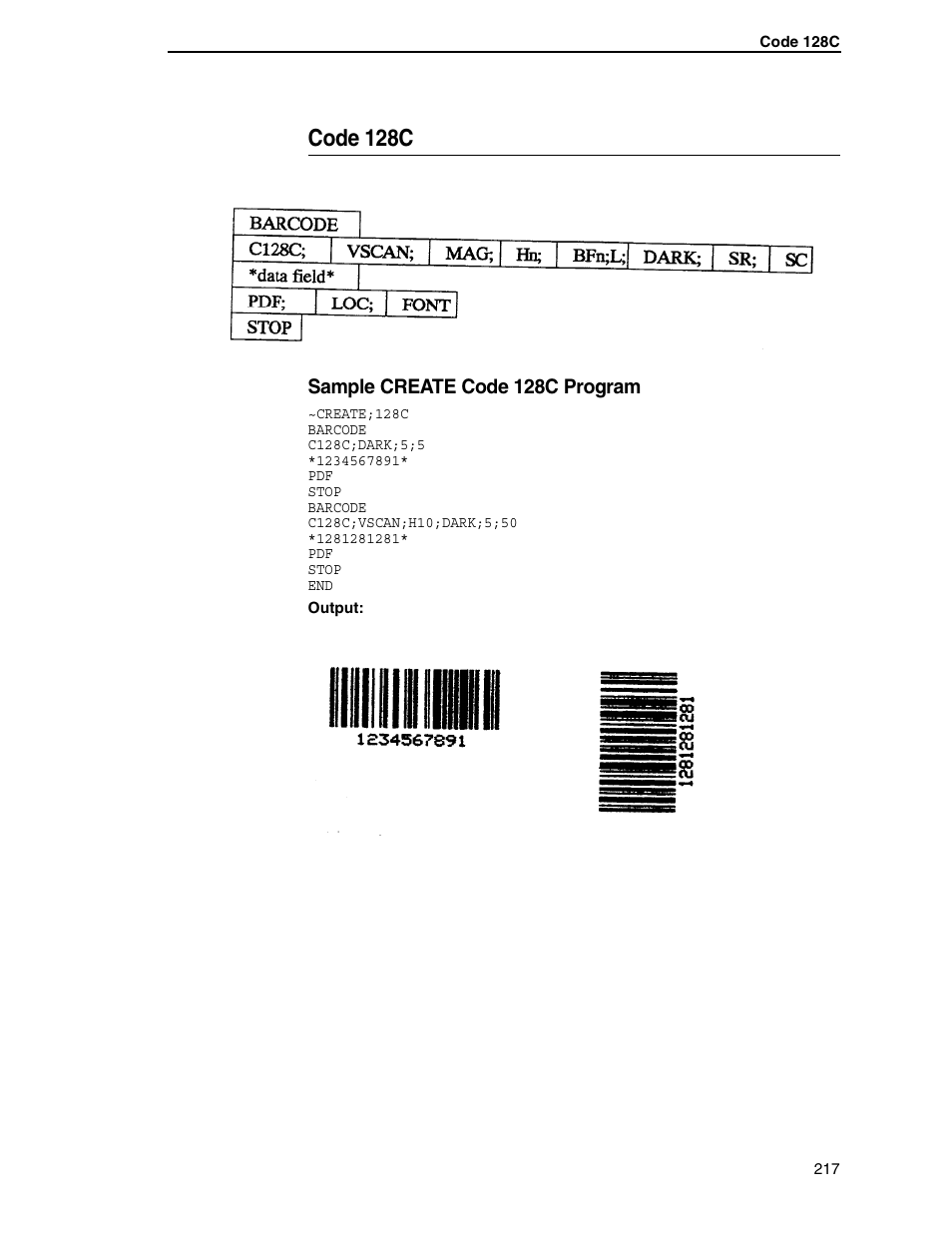 Code 128c, Sample create code 128c program | Tally Genicom 6600 User Manual | Page 217 / 330