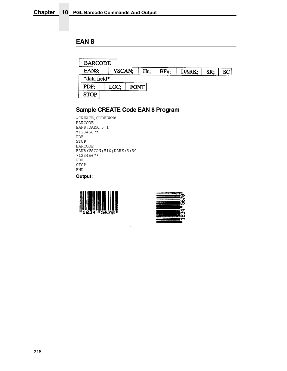 Ean 8, Sample create code ean 8 program | Tally Genicom 6600 User Manual | Page 218 / 330