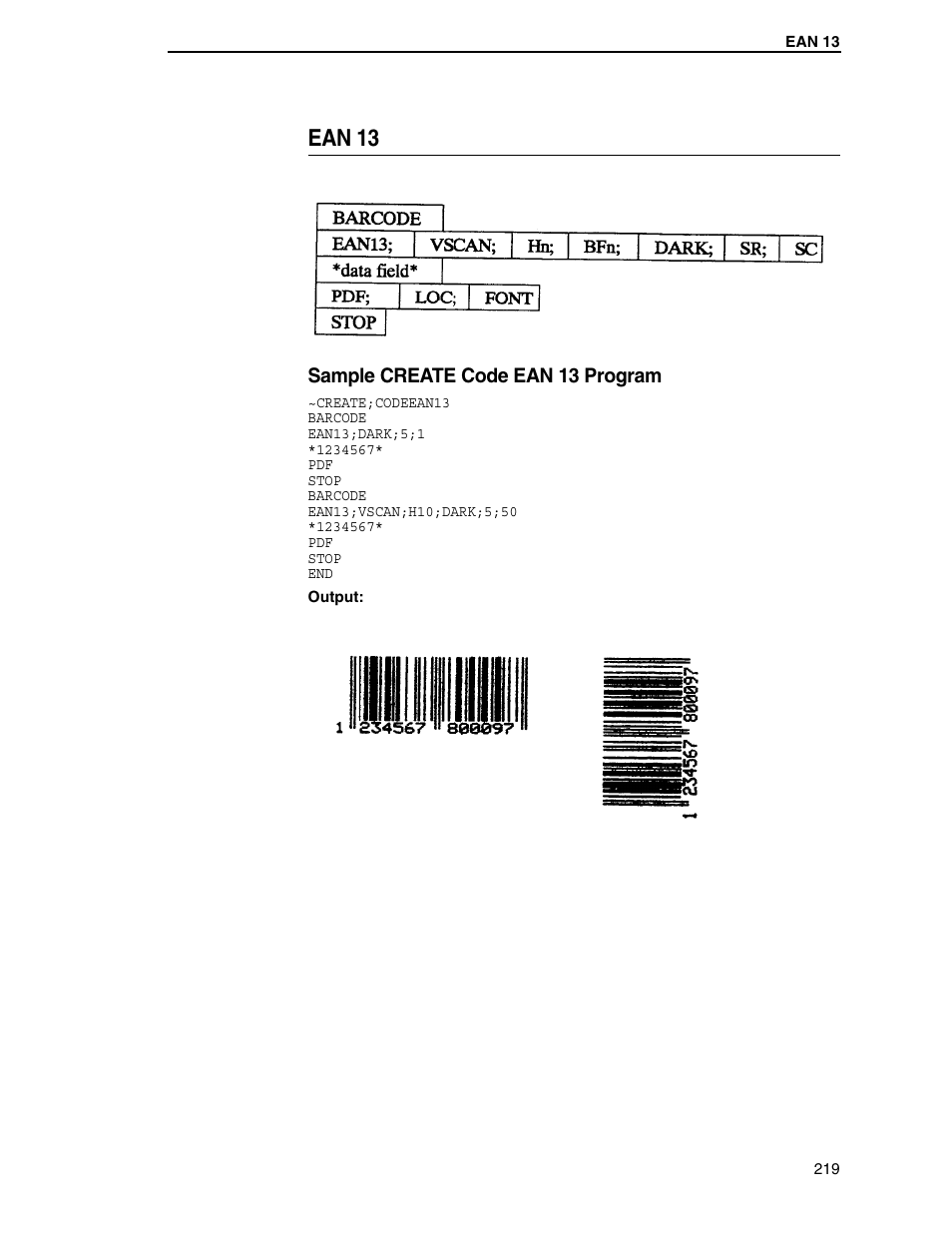 Ean 13, Sample create code ean 13 program | Tally Genicom 6600 User Manual | Page 219 / 330