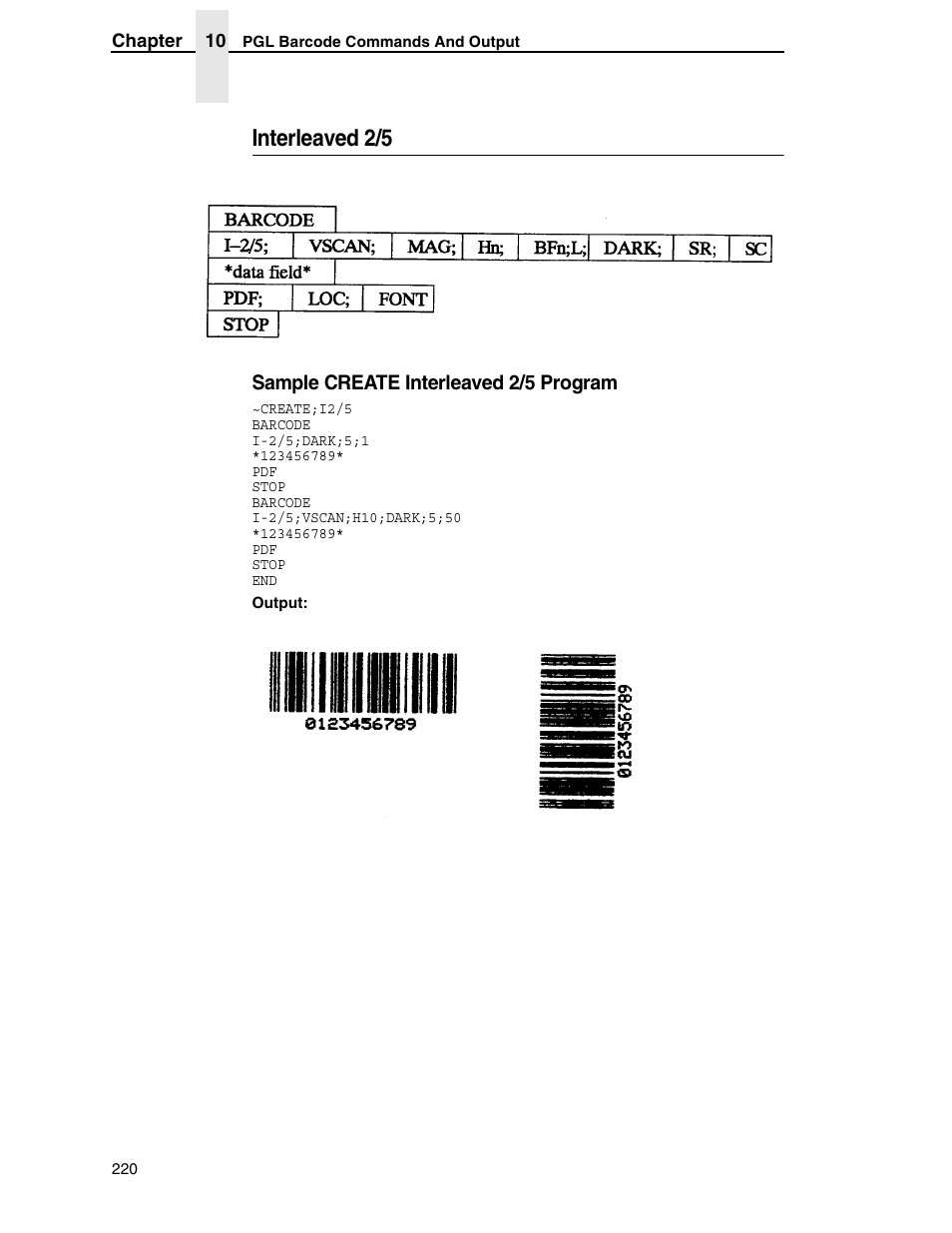 Interleaved 2/5, Sample create interleaved 2/5 program | Tally Genicom 6600 User Manual | Page 220 / 330