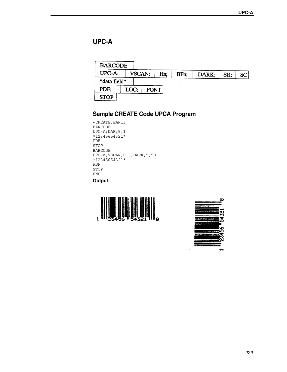 Upc-a, Sample create code upca program | Tally Genicom 6600 User Manual | Page 223 / 330