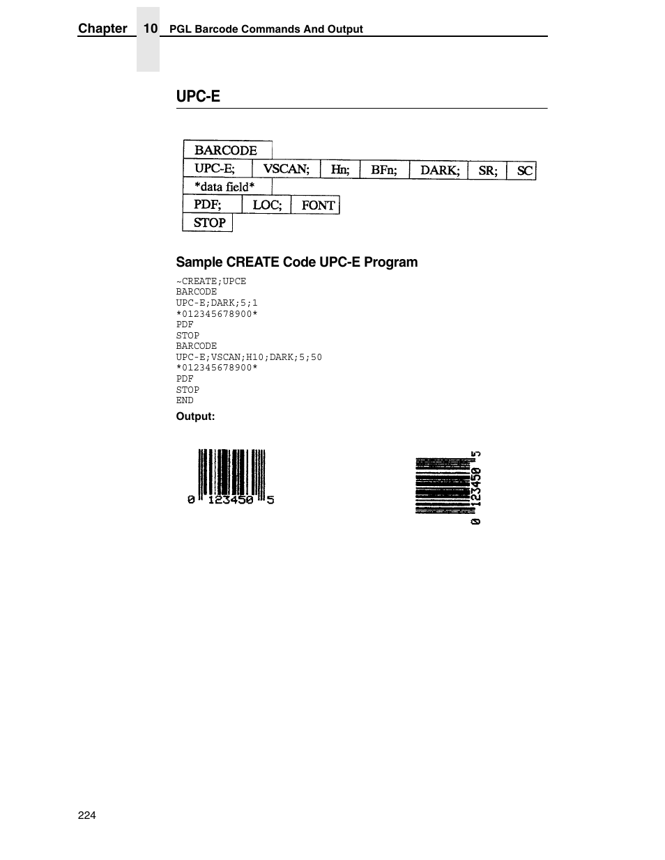 Upc-e, Sample create code upc-e program | Tally Genicom 6600 User Manual | Page 224 / 330