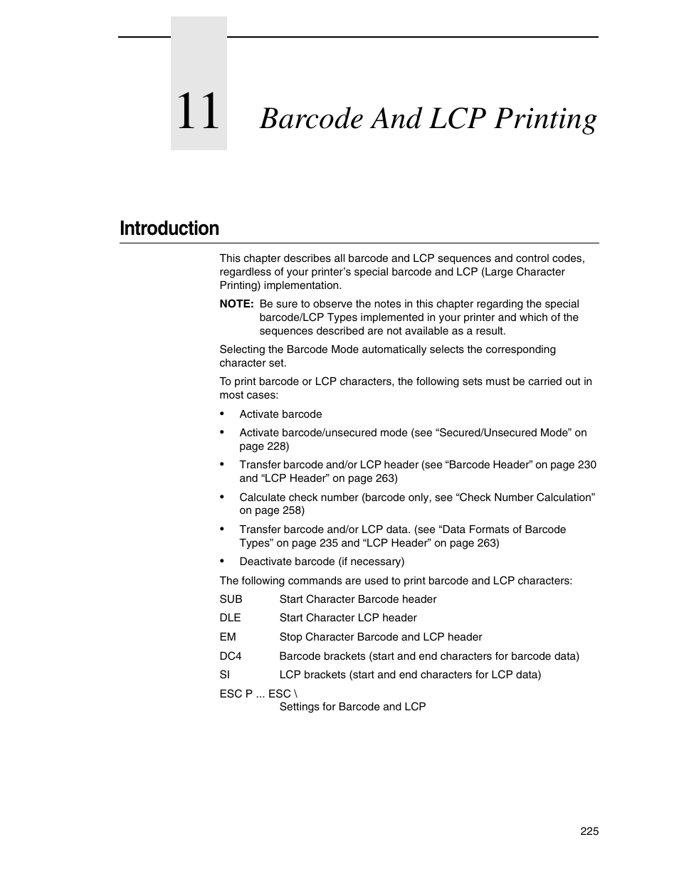 11 barcode and lcp printing, Introduction, Barcode and lcp printing | Tally Genicom 6600 User Manual | Page 225 / 330