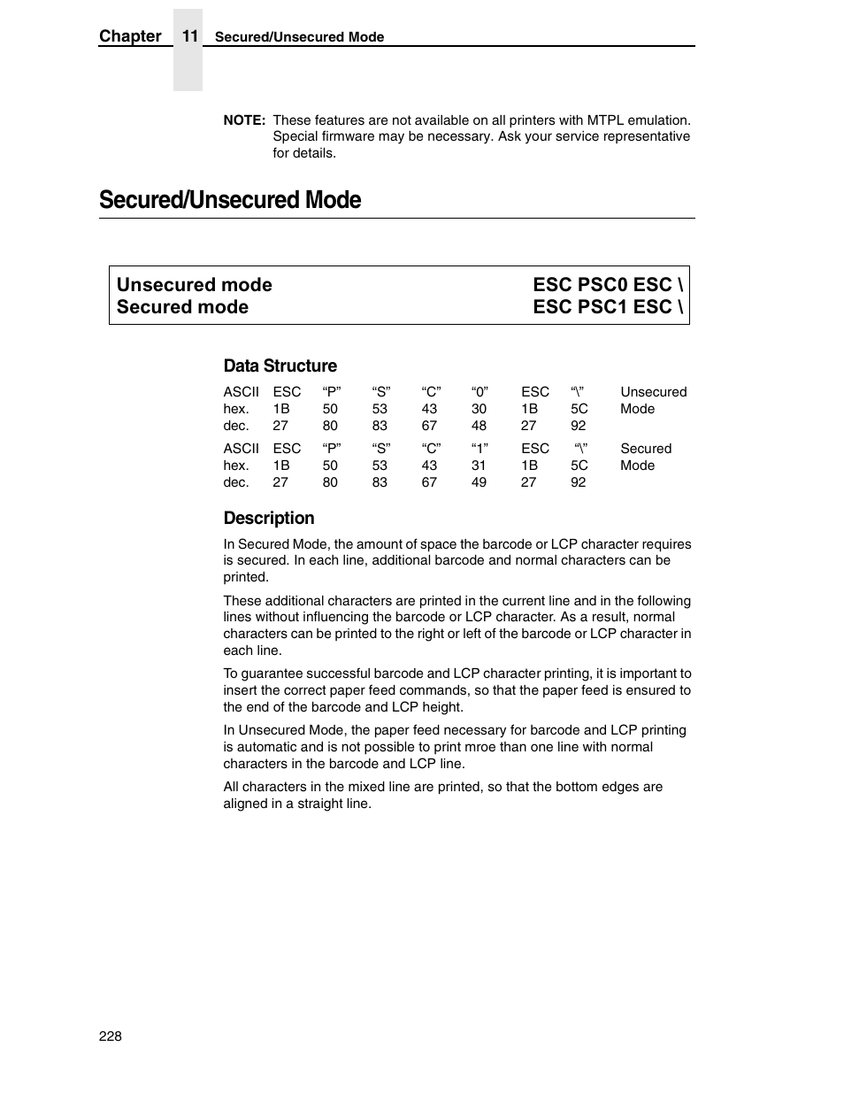 Secured/unsecured mode, Data structure, Description | Tally Genicom 6600 User Manual | Page 228 / 330