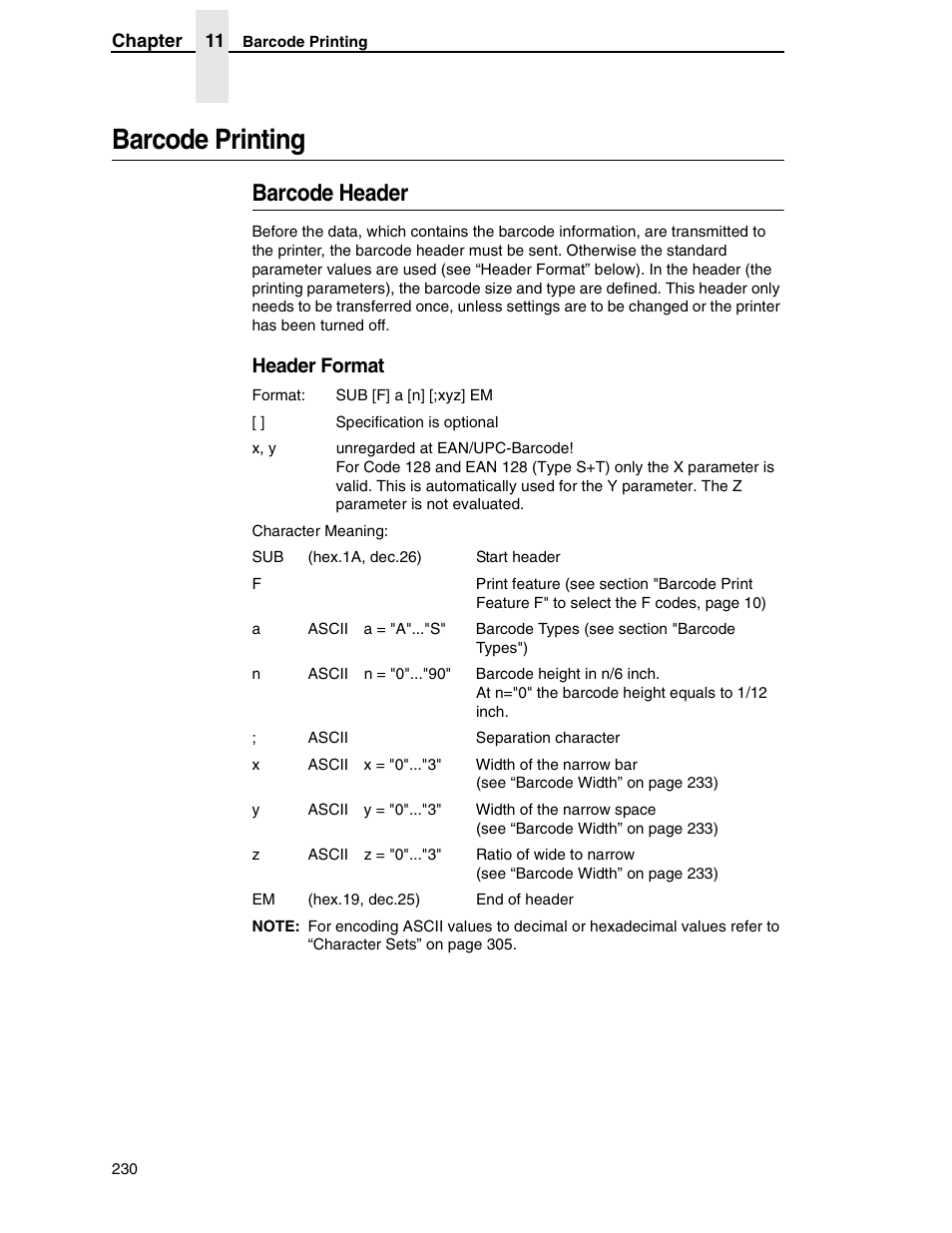 Barcode printing, Barcode header, Header format | Tally Genicom 6600 User Manual | Page 230 / 330