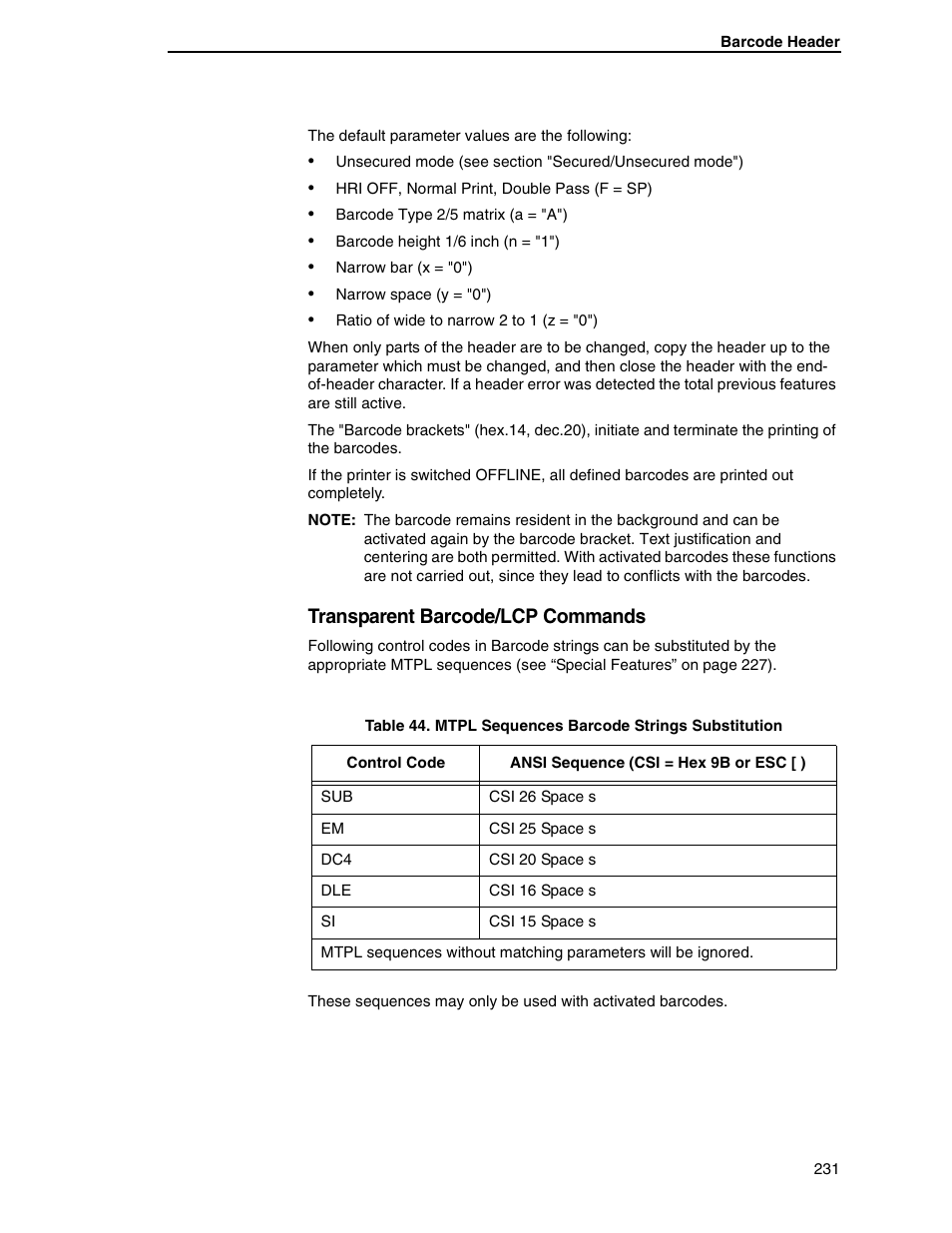 Transparent barcode/lcp commands | Tally Genicom 6600 User Manual | Page 231 / 330