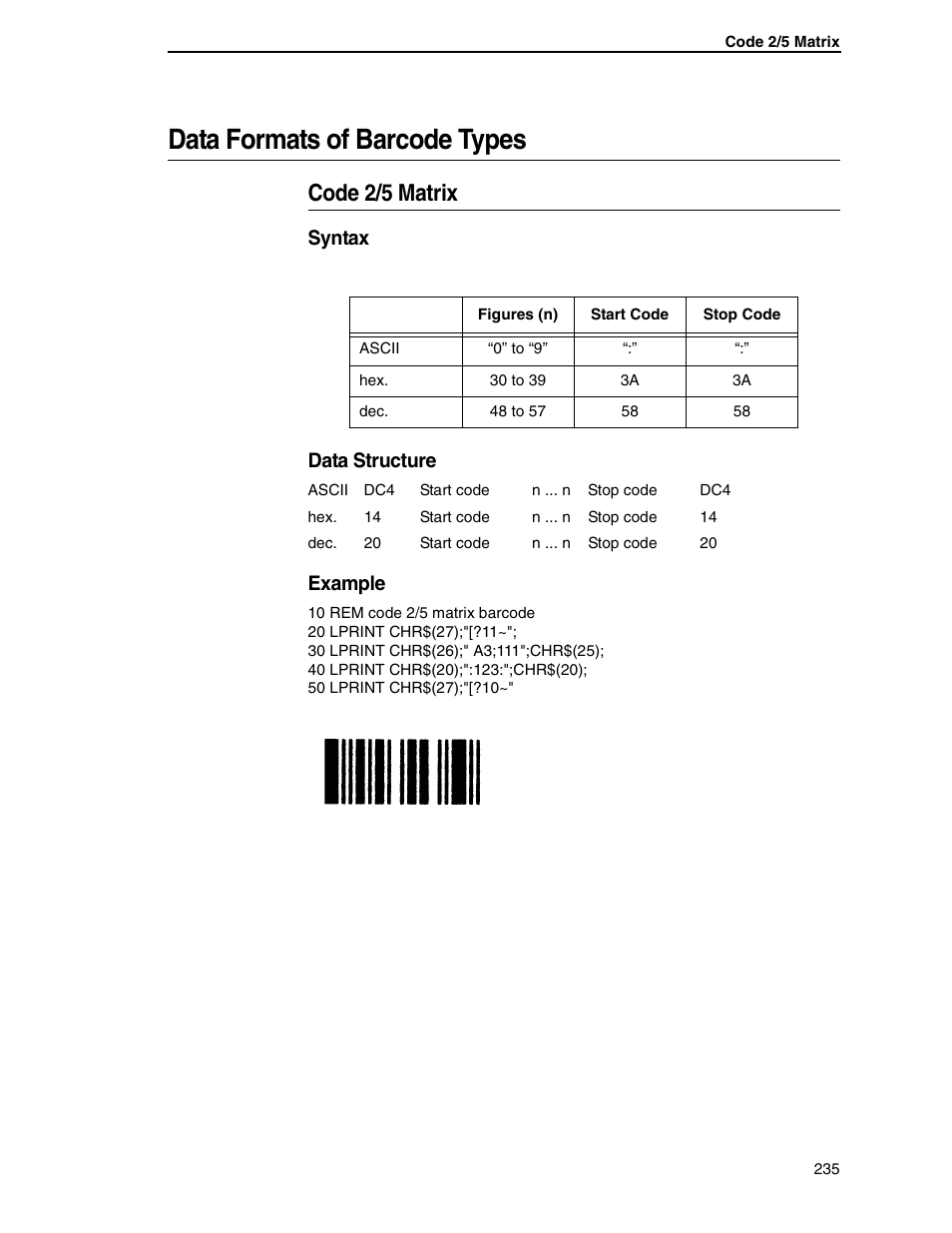 Data formats of barcode types, Code 2/5 matrix, Syntax data structure | Example | Tally Genicom 6600 User Manual | Page 235 / 330