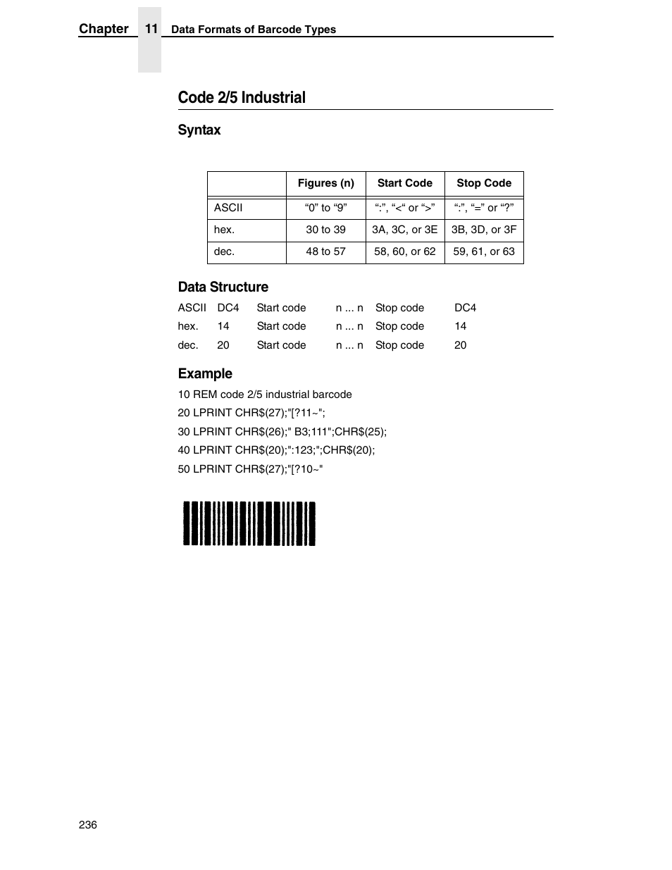 Code 2/5 industrial, Syntax data structure, Example | Tally Genicom 6600 User Manual | Page 236 / 330