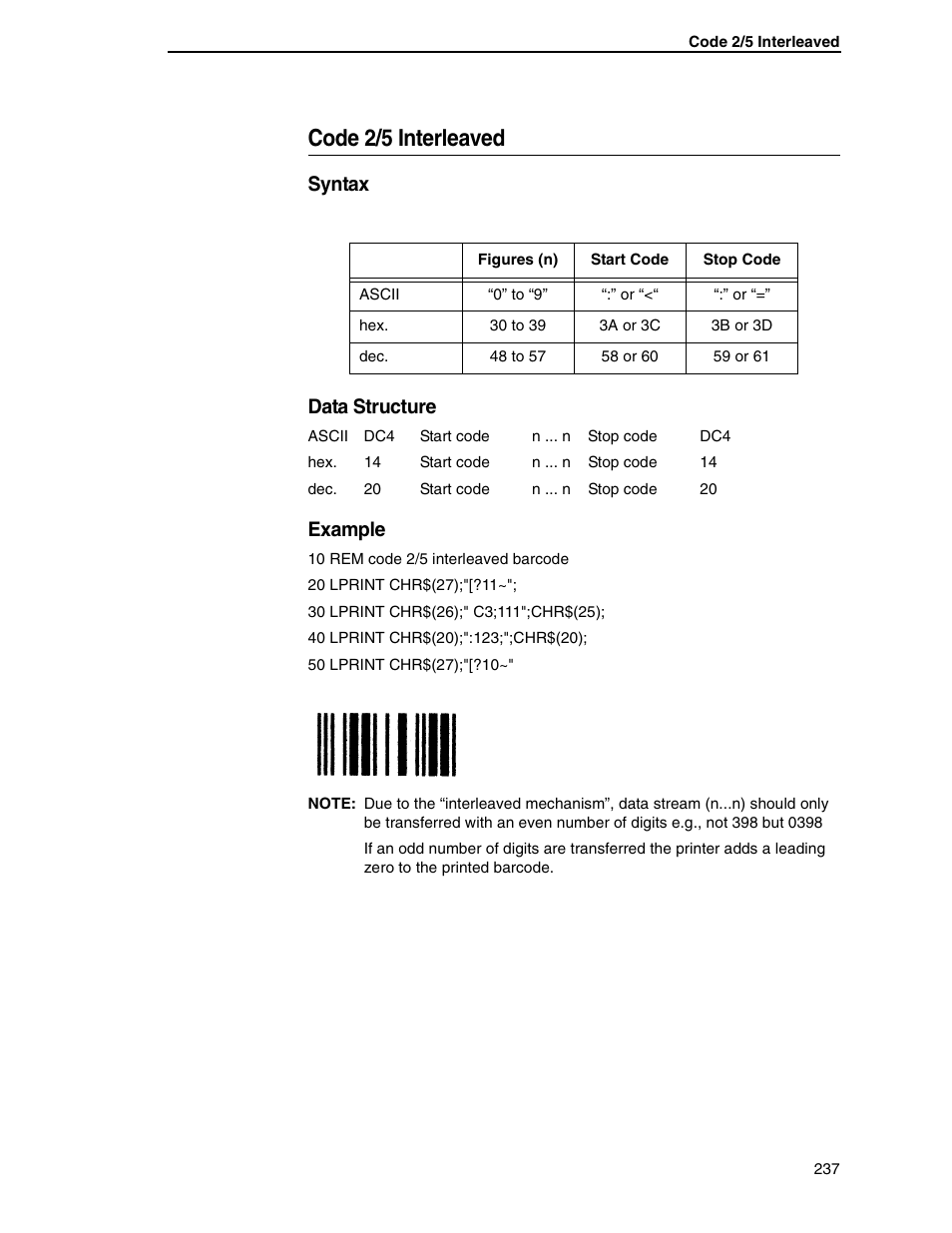 Code 2/5 interleaved, Syntax data structure, Example | Tally Genicom 6600 User Manual | Page 237 / 330