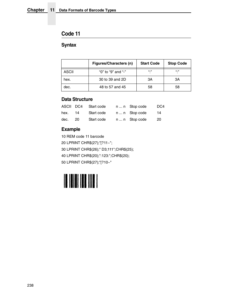 Code 11, Syntax data structure, Example | Tally Genicom 6600 User Manual | Page 238 / 330